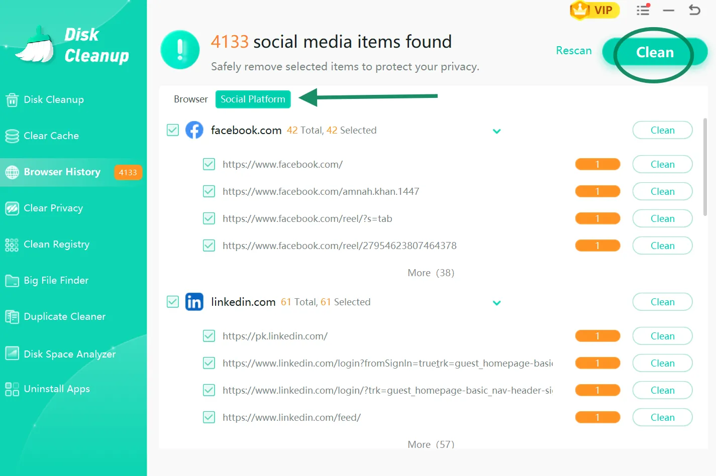 Hit Clean button to clear social media privacy.