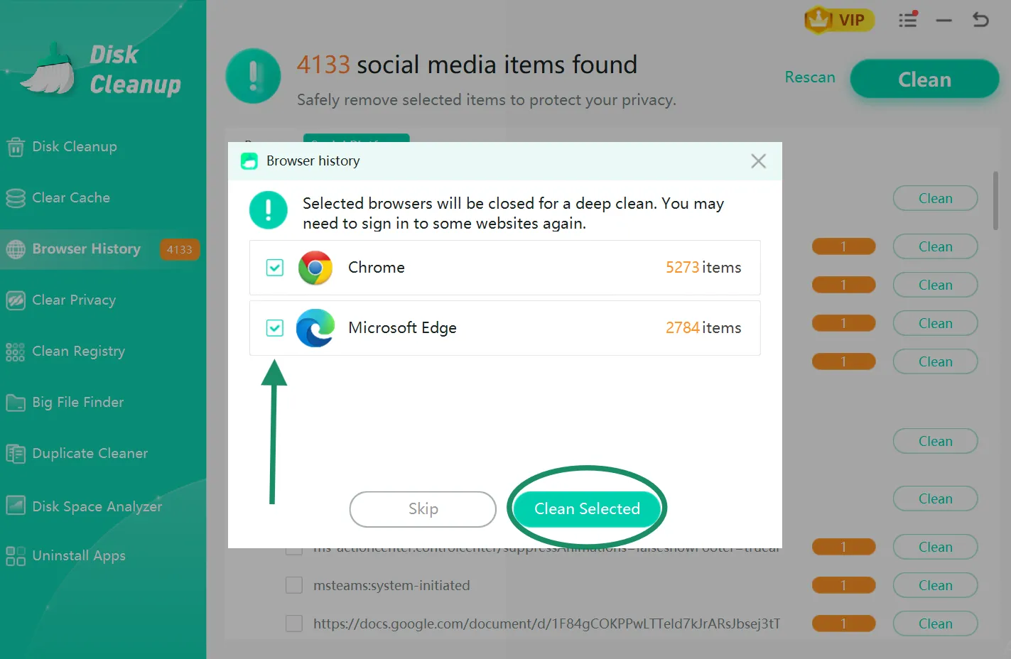 Select the desired browser cache to clean.
