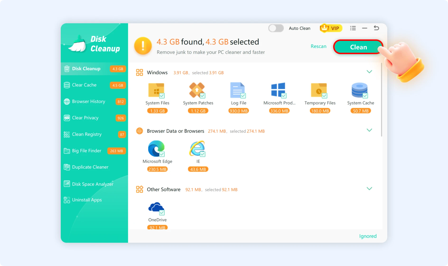 Clean all the selected junk files at once to speed up and clean PC.