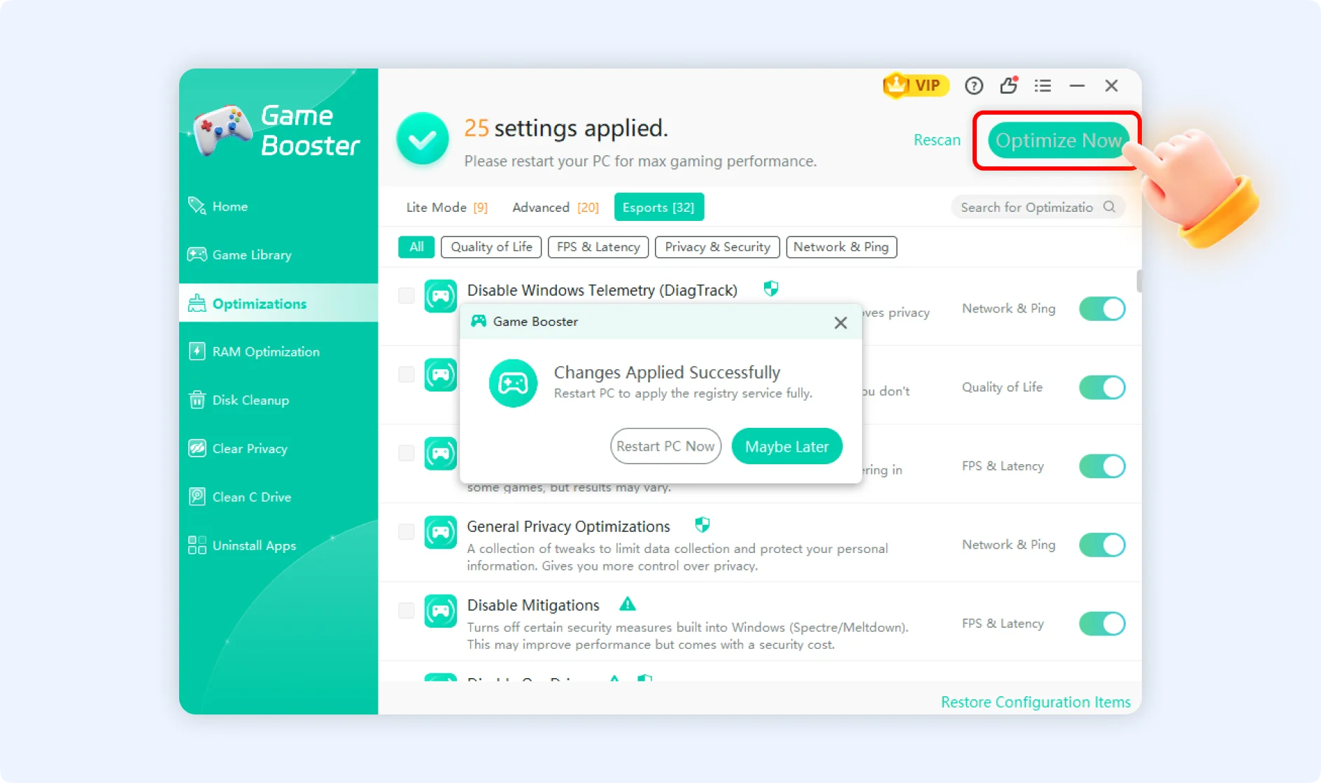 Click optimize now to begin the optimization process.