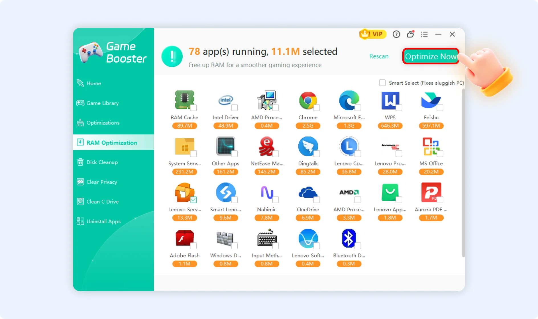 Click optimize now to optimize RAM.