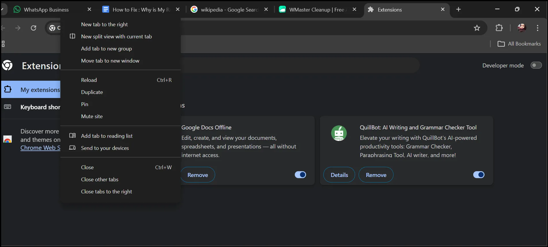 Close all your unwanted browser tabs and turn-off unnecessary extensions from Manage Extensions to boost PC performance.