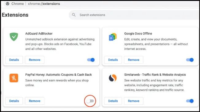 Google Chrome Extensions settings page showing installed extensions with disable toggles.