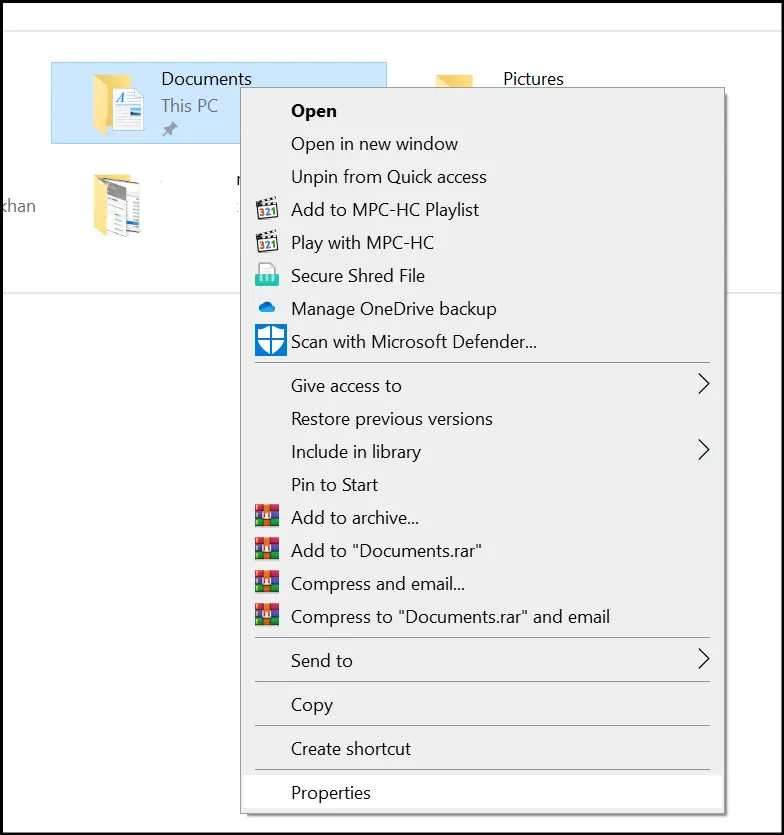 File Explorer folder right-click menu with Properties option visible at the bottom.