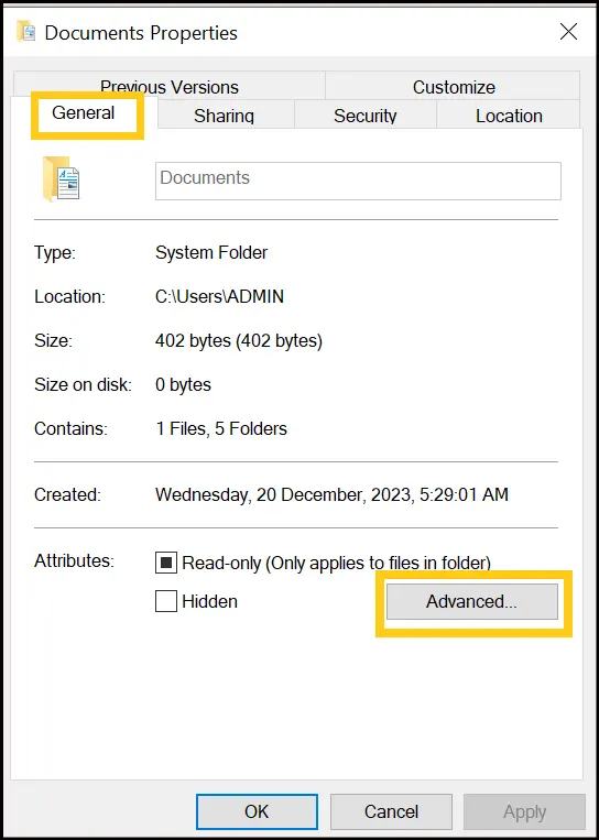 Under the General tab, select Advanced to compress files and folders on C drive.