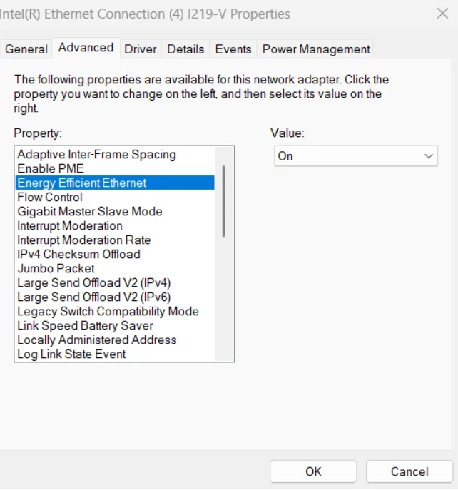 Disable the energy-efficient Ethernet to lower the ping in games.