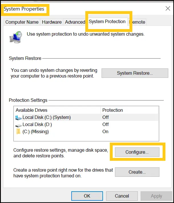 System Protection tab with your C drive selected and the Configure button to control system restore points.