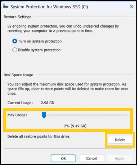 System Protection Configure screen showing the disk space slider to get more storage space.