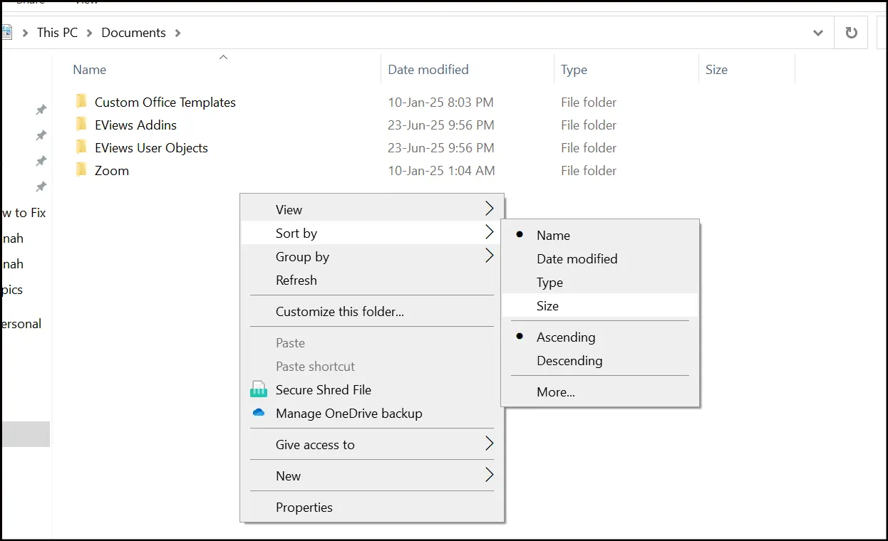 The Documents folder in File Explorer showing Sort by size option after clicking Right.