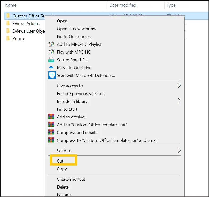 Options on your screen after you right click on a folder to Cut.