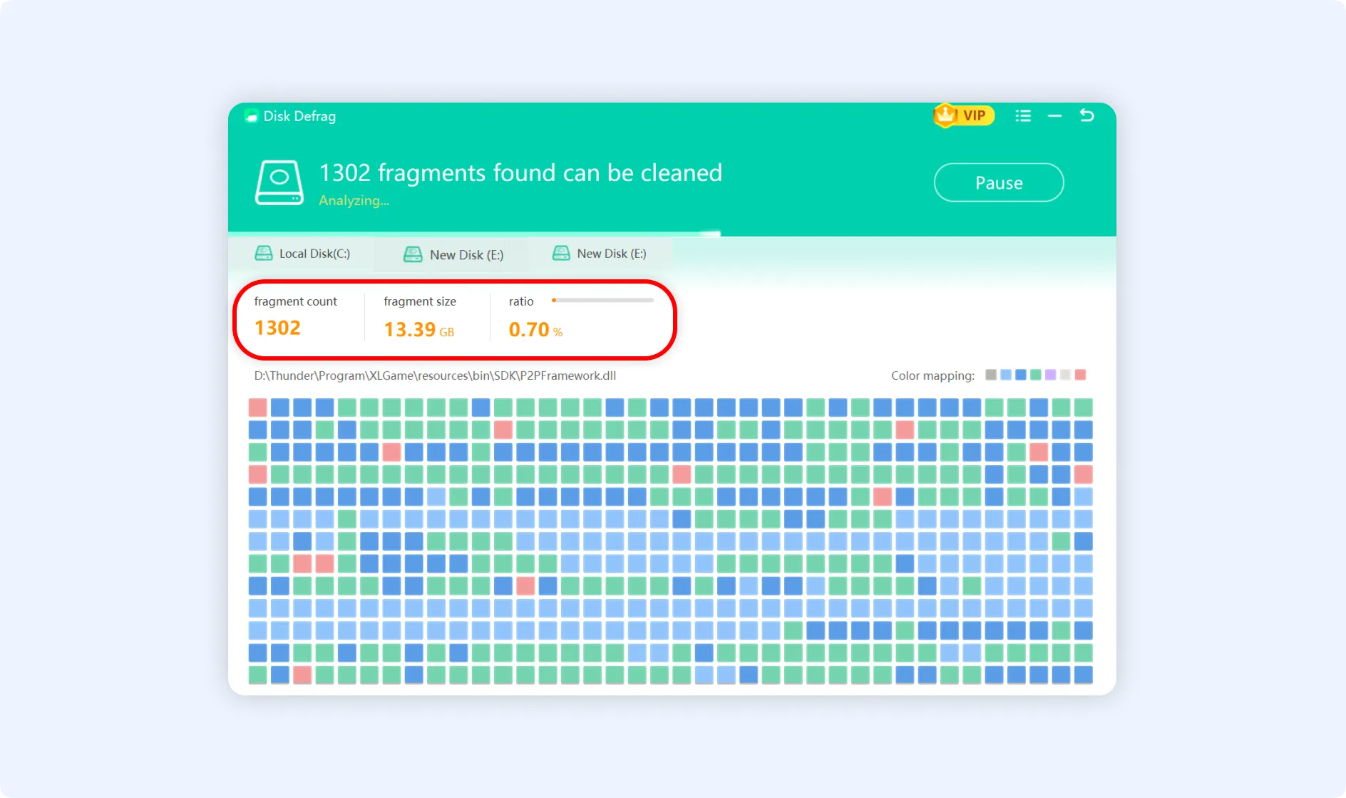 View real-time disk fragmentation data analysis.