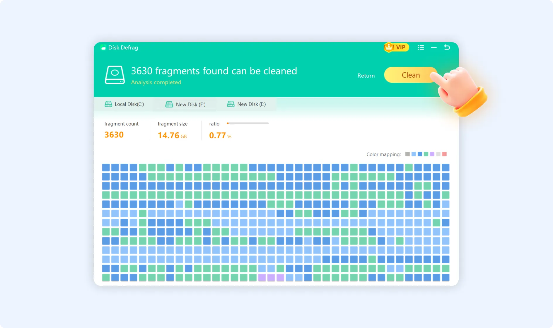 Tap on Clean to begin smart defragmentation with WMaster Cleanup.