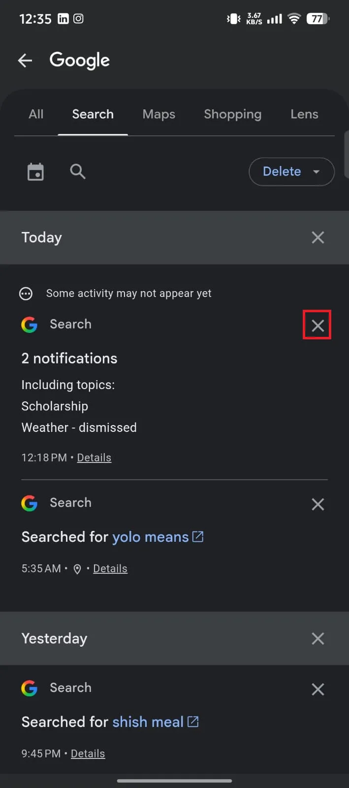 Delete a specific search from Google app.