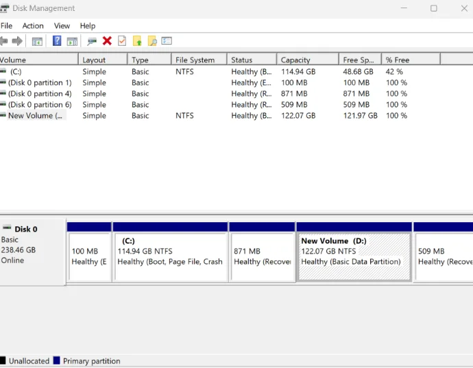 Go to Disk Management from the Start menu.