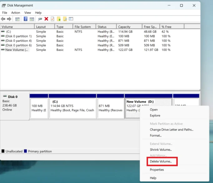 Right-click on D: and select Delete Volume.