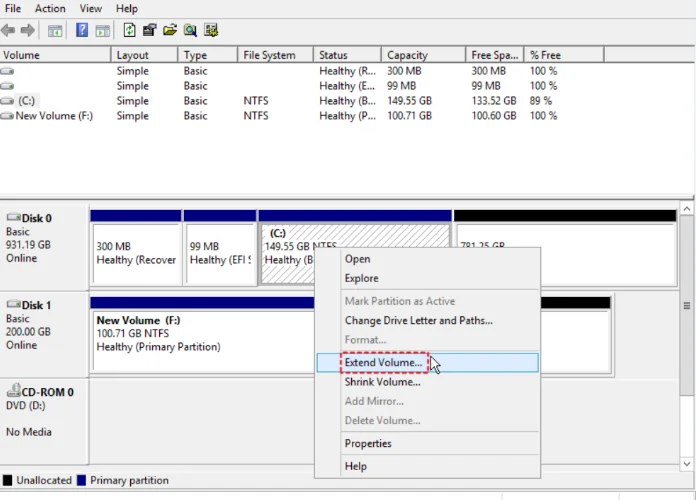 Right-click on the C drive to extend the volume.