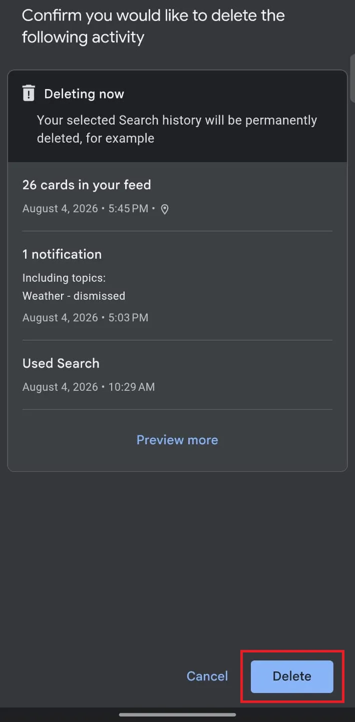 Click Delete for unwanted search history.