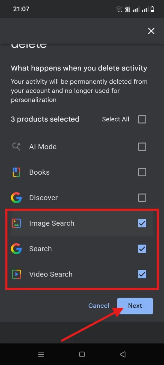 Choose unwanted search history then click Next.