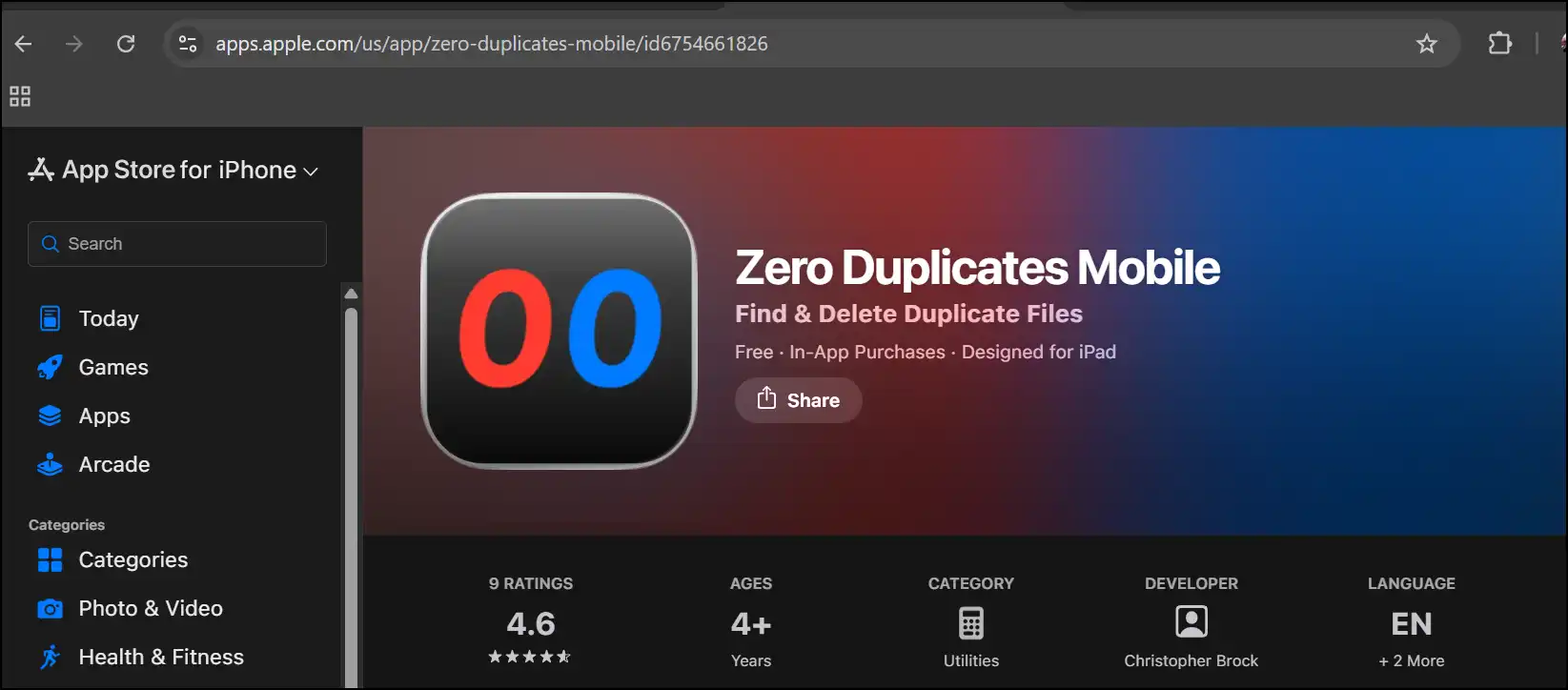 Download Zero Duplicates Mobile to delete duplicate files on iPhone.