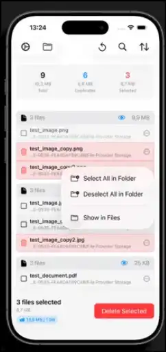 Select duplicate files for removal with Zero Duplicate Mobile to clean up iPhone.
