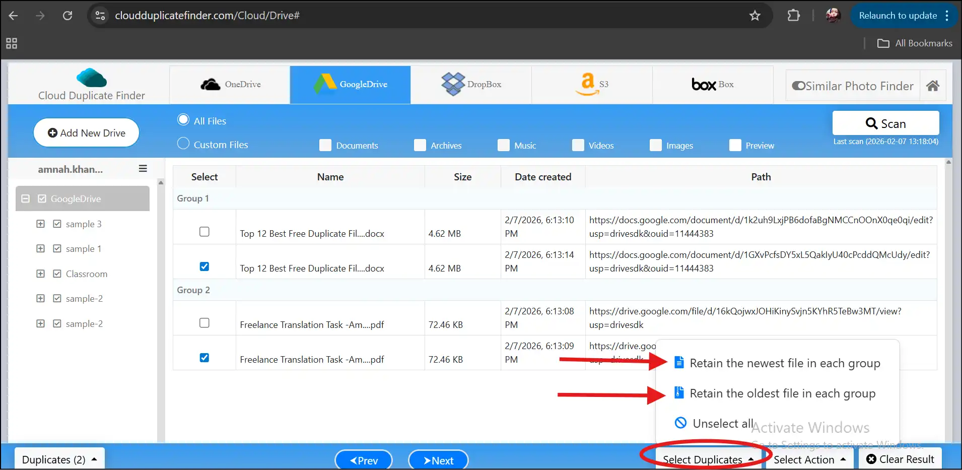 Auto-select or manually select duplicates to delete duplicate file online.