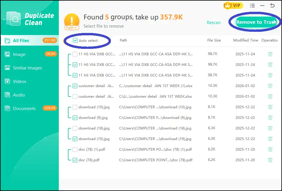 Select duplicates manually or auto-select all files to clean your PC.