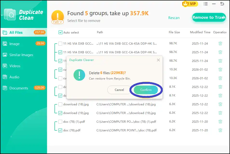Review and confirm the deletion of duplicate files to optimize and boost PC performance.