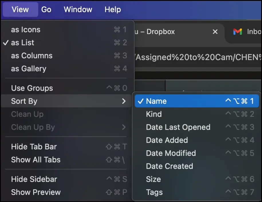 Find out how Mac Finder list view with files sorted by name.