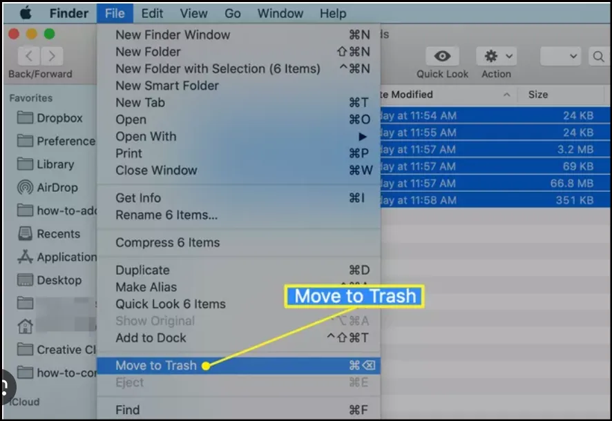 Mac Finder right-click menu showing Move to Trash option for duplicate photos.