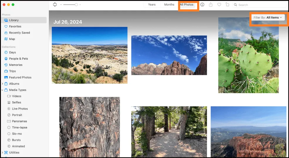 All Items view showing full photo library on Mac Photos app.