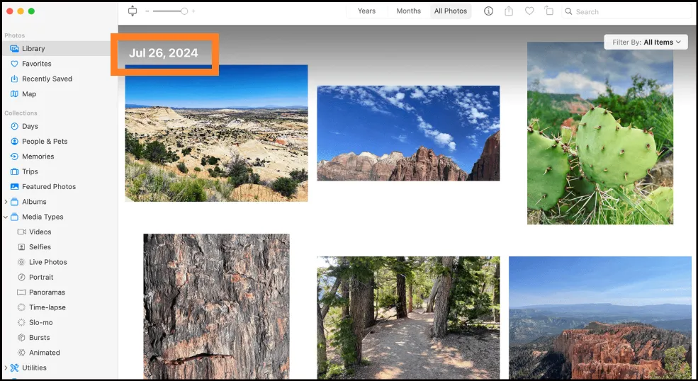 Mac Photos app View menu displaying sort options by date.
