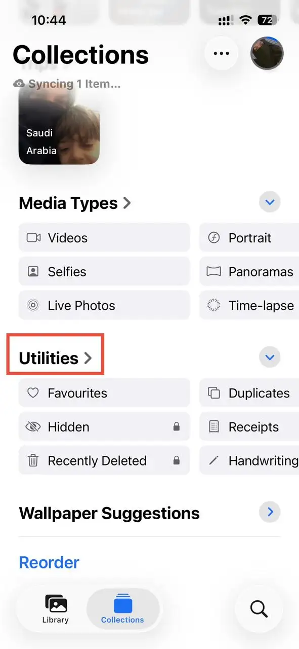 Go to Collections on your Photos app and select Utilities.