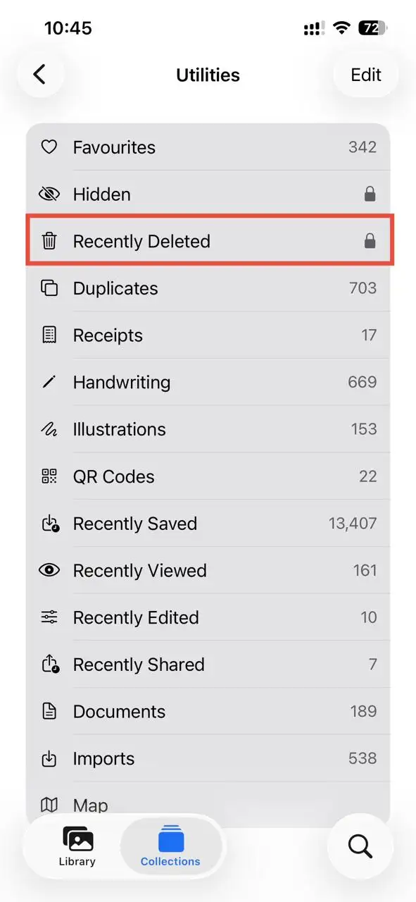 Open the Recently Deleted album on your Utilities tab to delete duplicate photos.