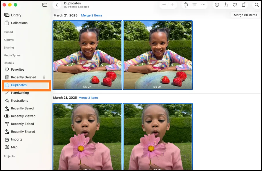 Mac Photos app sidebar showing you Duplicates option under Library.