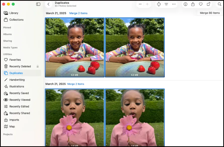 Mac Photos app Duplicates view showing grouped duplicate photo pairs.
