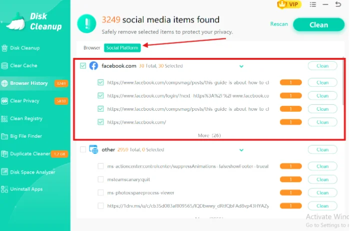Find Facebook on the Social platform tab.