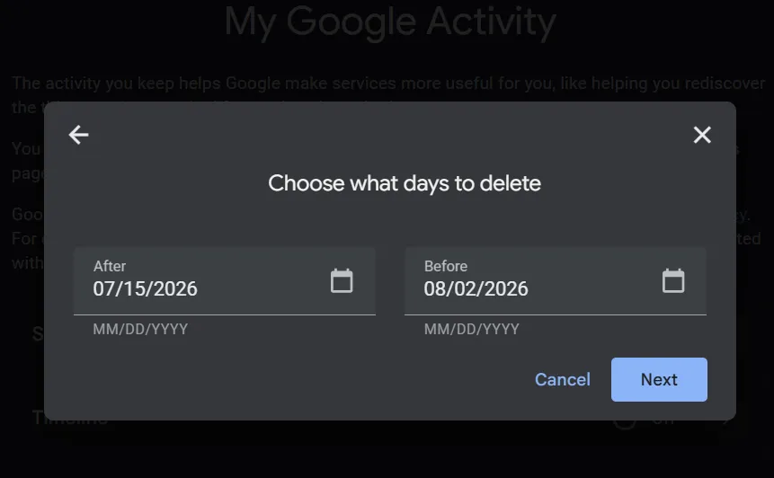 Set your date and then click Delete to confirm.