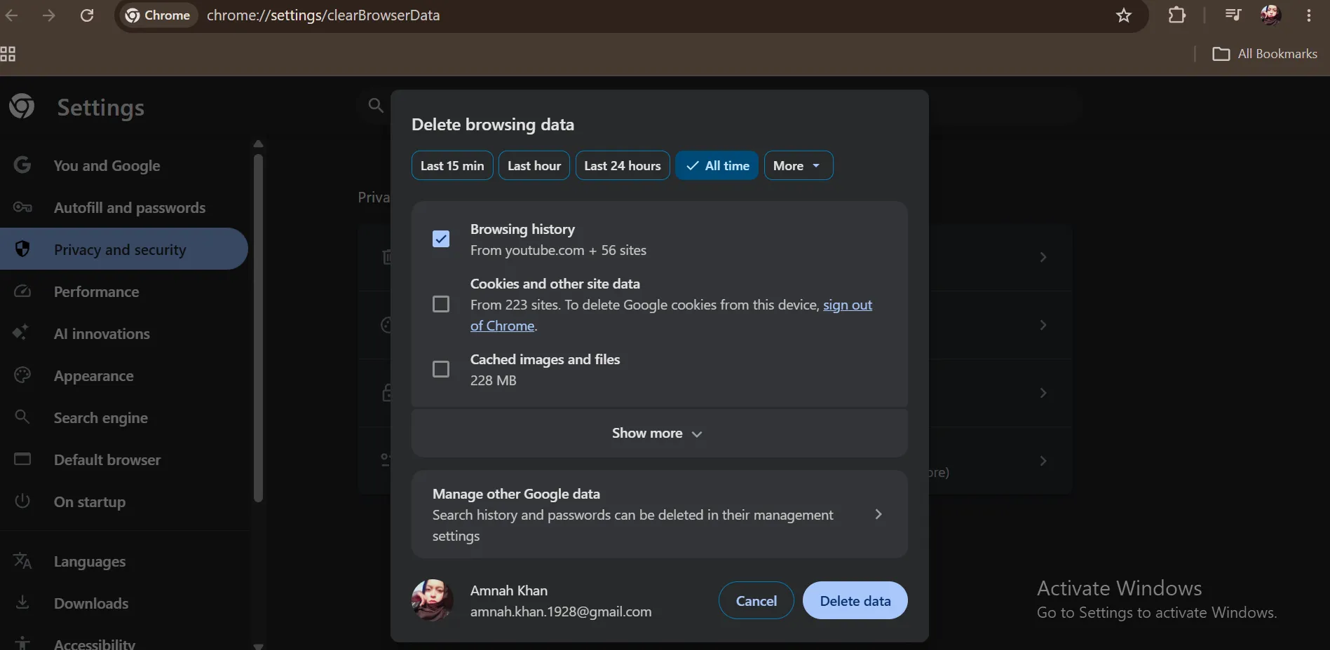 Check your browsing history before hitting the Delete data button.