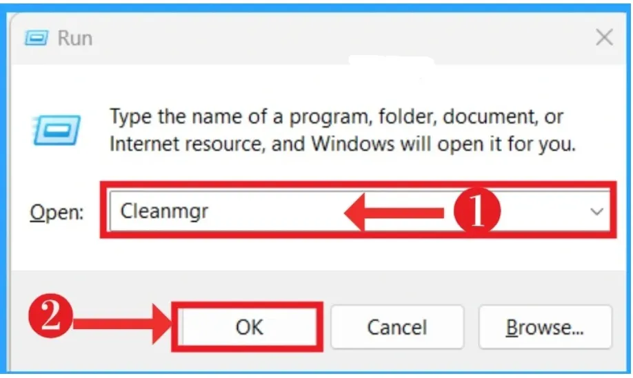 Run dialog box with cleanmgr.exe typed to open Disk Cleanup on Windows 11.