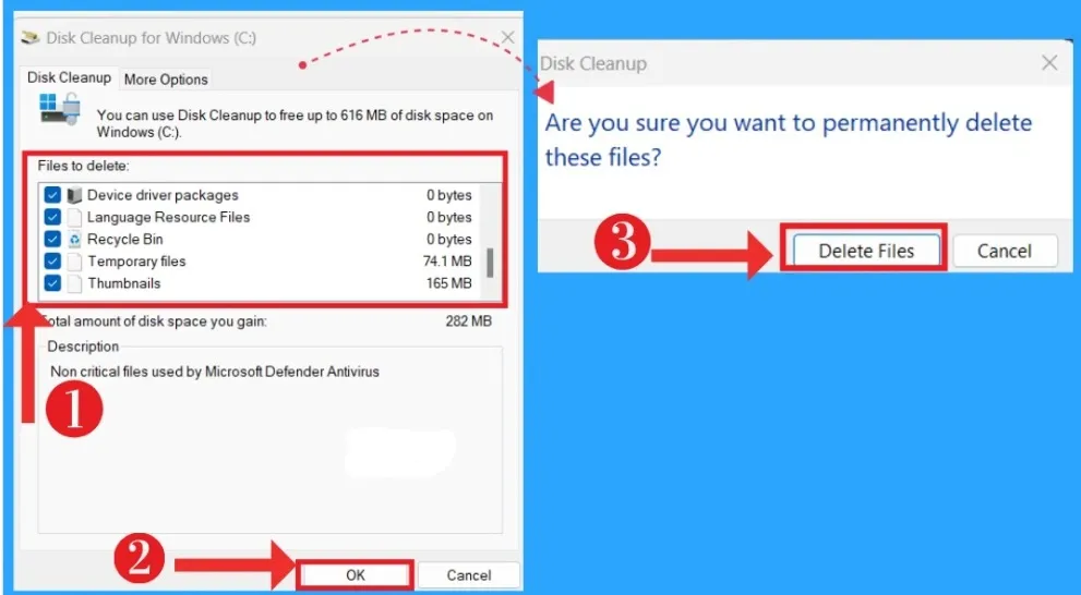 Disk Cleanup file selection screen with Temporary Windows installation files checked.
