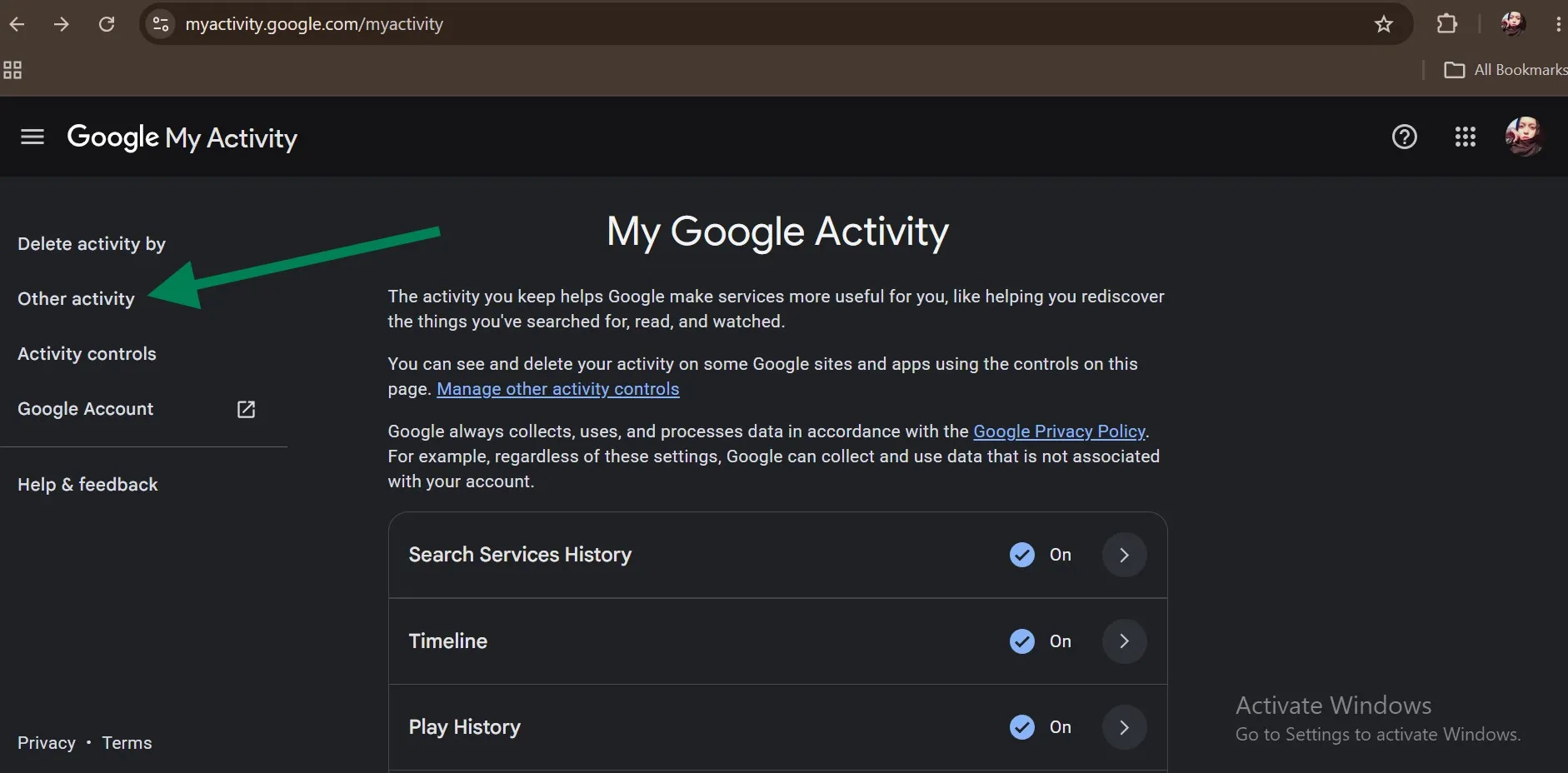 Go to Goole My Activity to tap on Other Activity