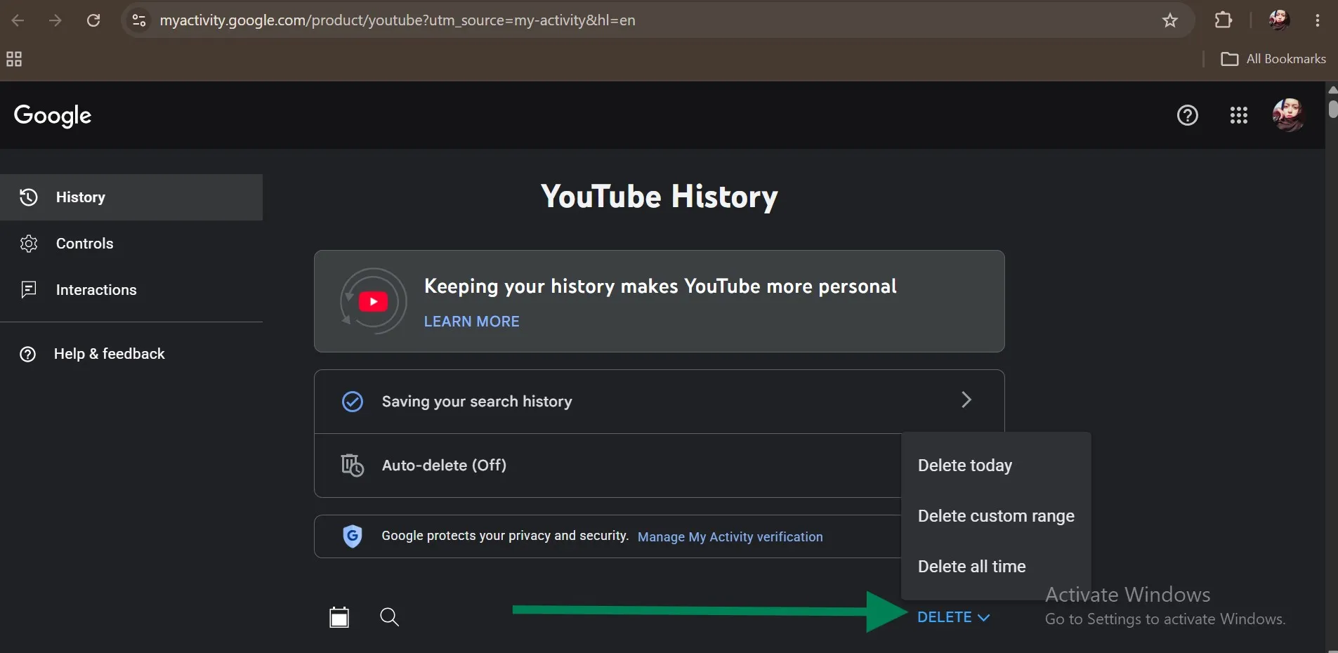 Open Youtube History page then click Delete  