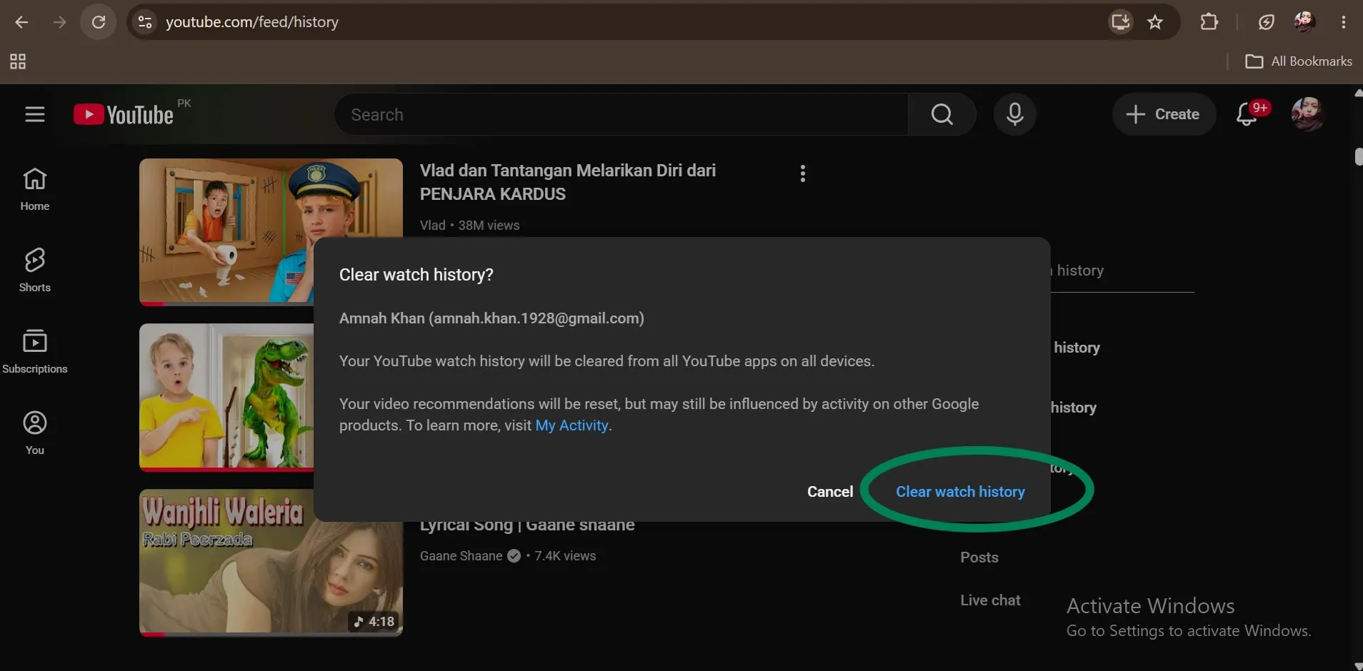 Click Clear all watch history