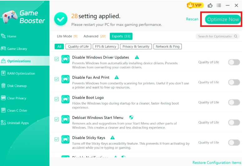 Disable background activities with Game Booster feature.