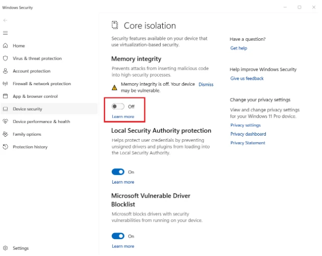 Turn off the memory integrity to improve hardware responsiveness.