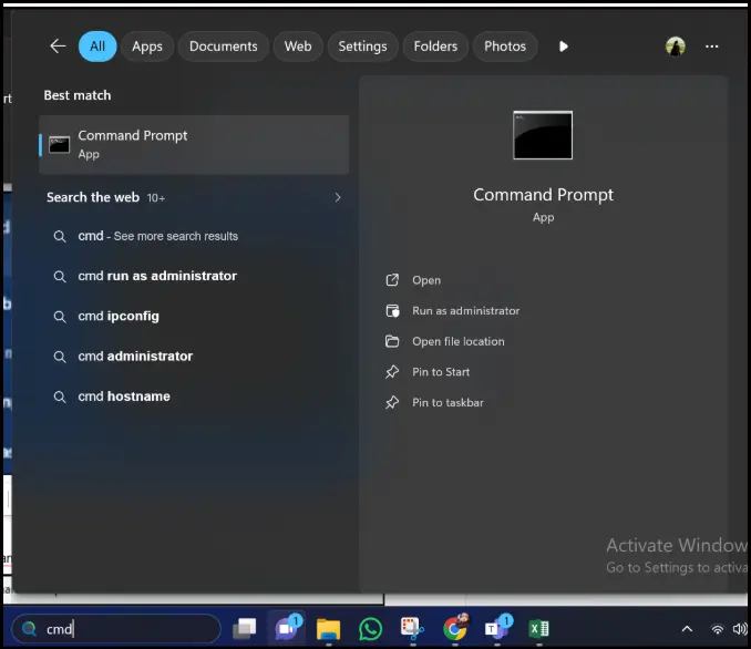 Windows search showing Command Prompt with the Run as administrator option in the right-click menu.