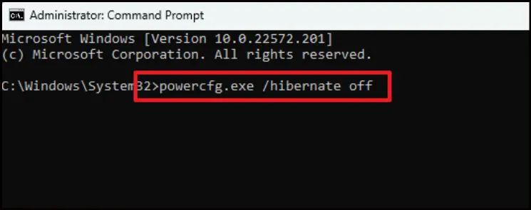 Command Prompt with powercfg /hibernate off typed in and ready to run.