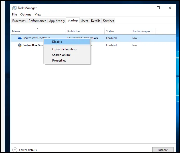 Windows 11 Task Manager Startup apps tab with right-click Disable option on a startup program.