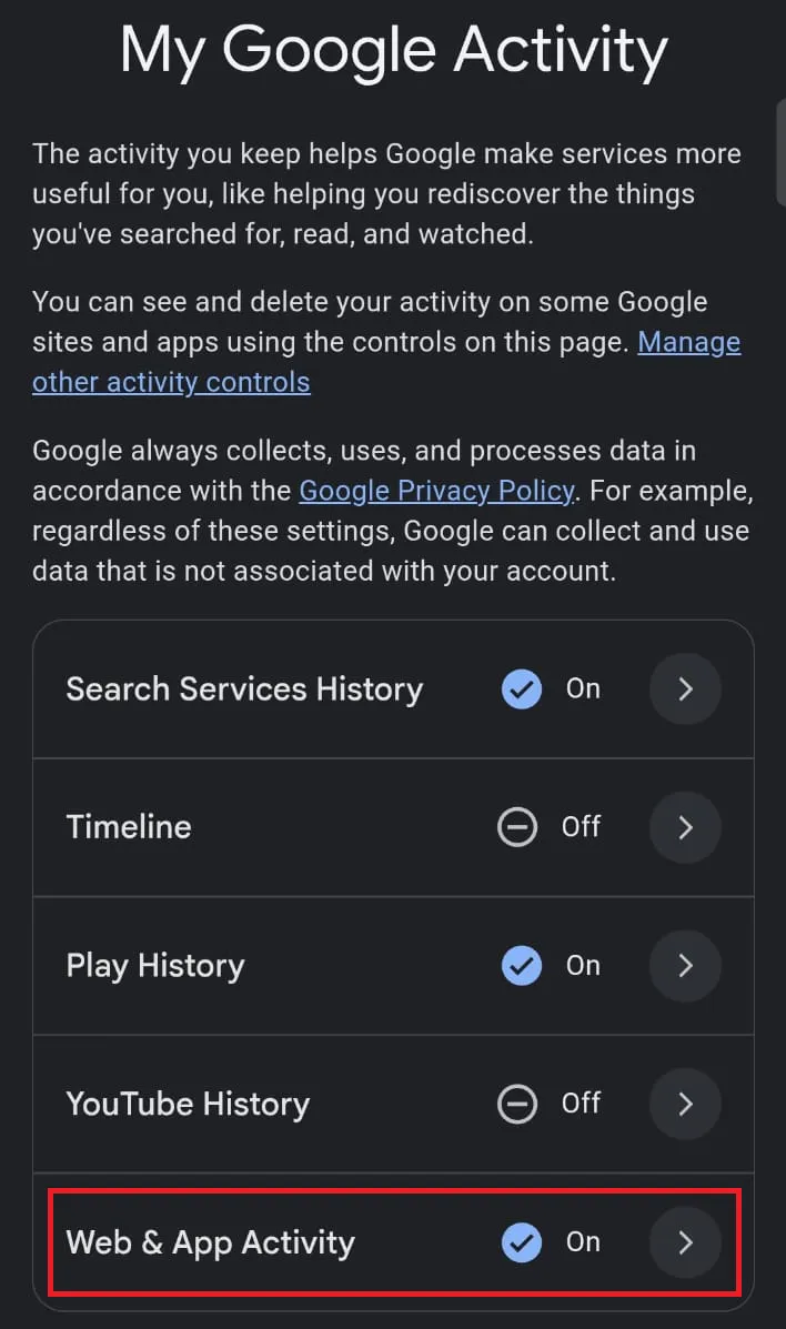 Open My Google Activity and select web and app activity.