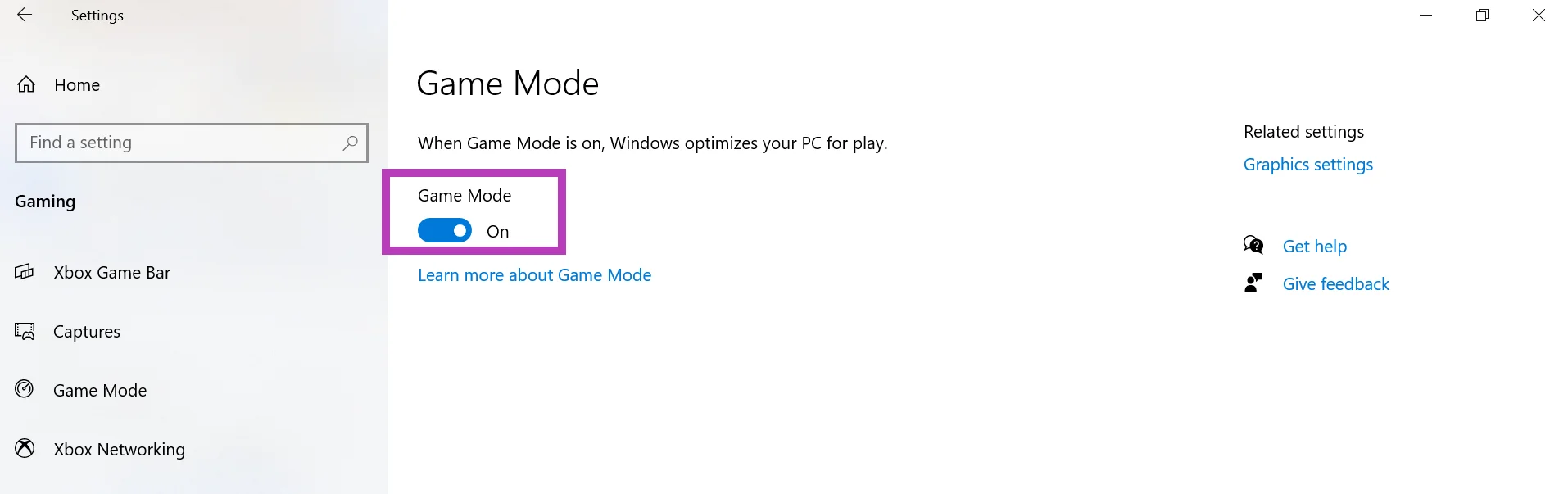 Game Mode toggle switched On to improve FPS in games.